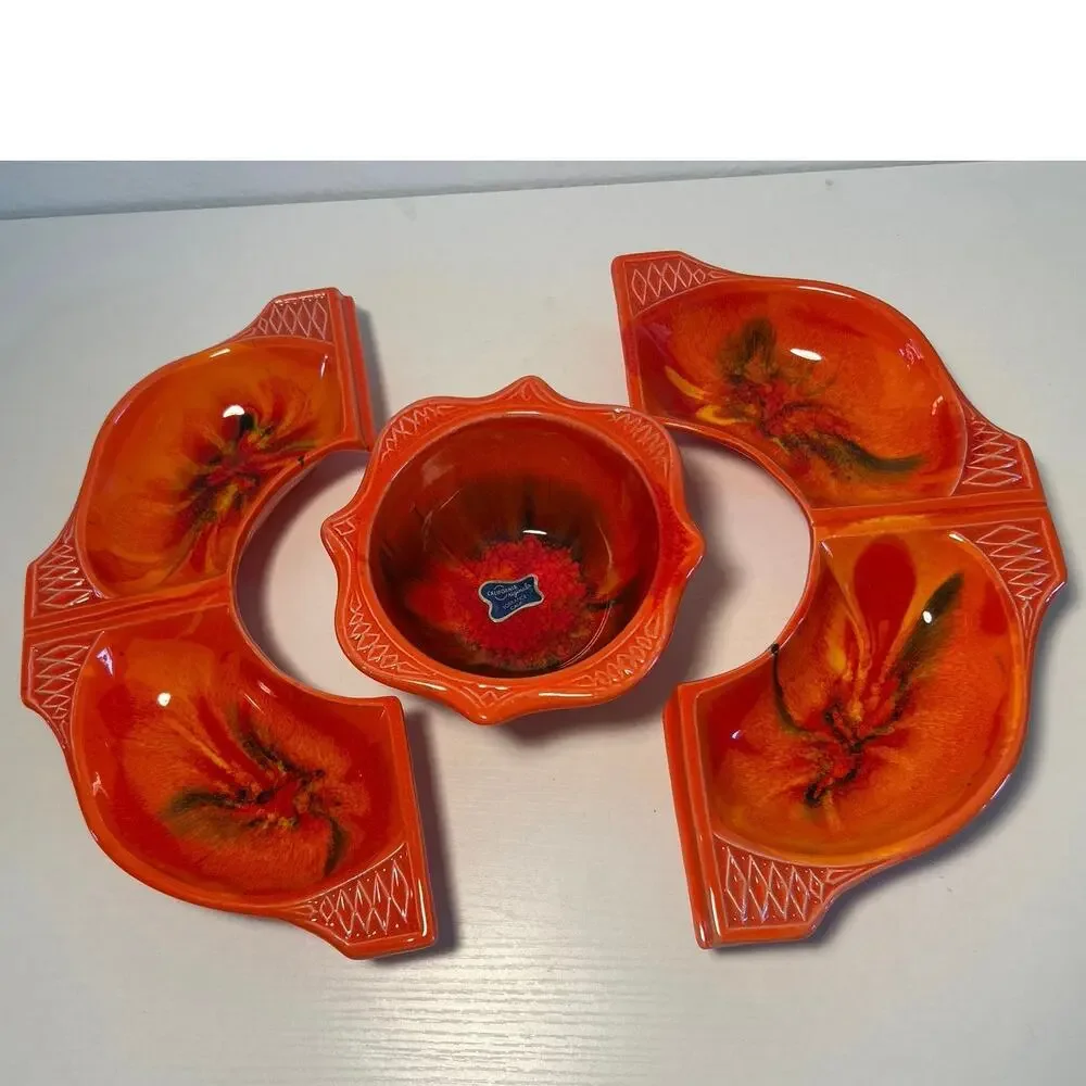 Art Deco 60’s Calif Originals Lazy Susan Chips & Dip Serving Dish Orange Lava